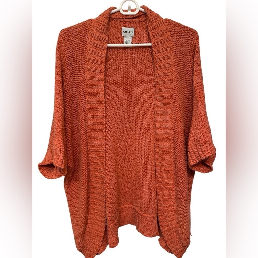 Chicos Open Front Silk Cardigan Knit Sweater Orange short Sleeve
